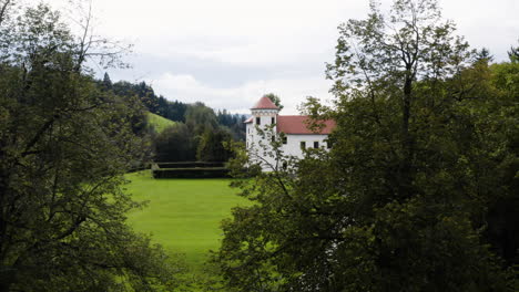Revealing-Shot-Of-Bogensperk-Castle-Behind-Bushes-And-Trees-In-Central-Slovenia