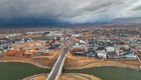 Stunning-Aerial-View-Before-Storm-At-South-Jordan-Utah---Aerial-Truck-Left-and-Panning-Shot