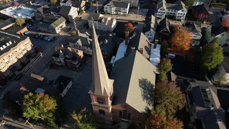 Drone-Aerial-View-of-South-Church,-Concord,-New-Hampshire-USA-and-Neighborhood