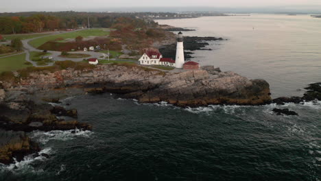 Idyllic-aerial-view-of-beautiful-Portland-Headlight-Lighthouse-on-the-coast-of-Maine