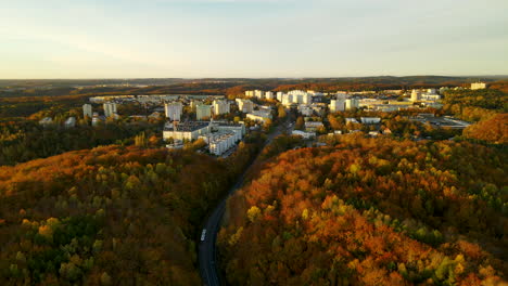 Schöne-Herbstlandschaft-Mit-Goldgelben-Bäumen-Bei-Sonnenaufgang-In-Der-Stadt-Gdynia,-Nordpolen