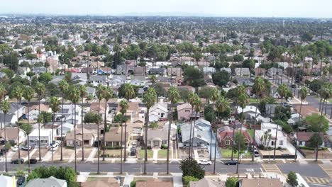South-Central-area-of-Crenshaw-community,-houses-in-bad-area-of-Los-Angeles,-rising-aerial-over-palm-trees