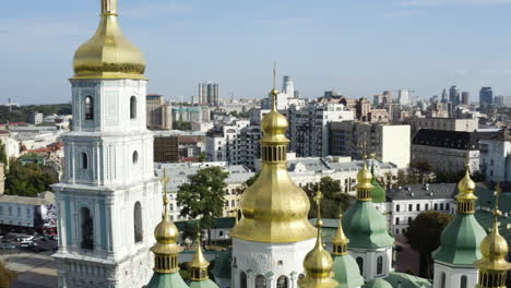 Domes-of-Saint-Sophia's-Cathedral,-Kiev,-Ukraine-in-Summer---aerial-orbit
