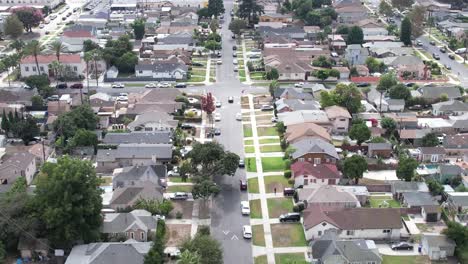 Aerial-View-Flying-Over-Crenshaw-Neighborhood-Street-and-Homes,-South-Los-Angeles,-California