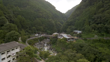 Aerial-Shot-Over-Tree-And-River-In-Rural-Japan-Near-Nakatsu-Gorge