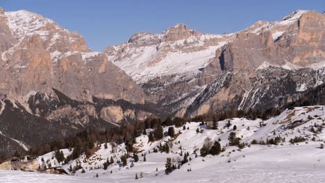 Close-up-View-of-the-Italian-Dolomites-Mountains,-Fir-Trees-and-Snowy-Landscape-near-the-Ski-Slopes