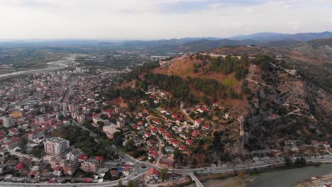 Slow-aerial-pan-over-famous-Berat-Village-in-Albania-during-sunset