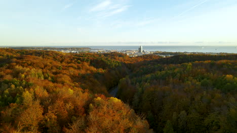 Colorful-deciduous-autumn-forest-with-city-of-Gdynia-and-Baltic-Sea-in-background