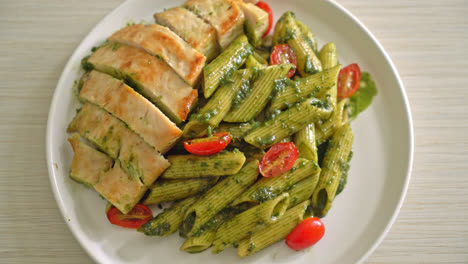 homemade-penne-pasta-in-pesto-sauce-with-grilled-chicken