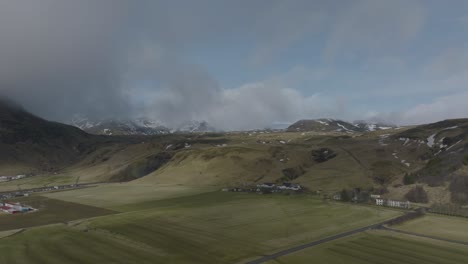 Farmland-Countryside-in-Icelandic-Village-of-Skogar---Aerial-View