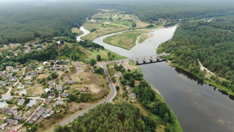 Beautiful-town-of-Merkine-with-bridge-of-river-Nemumas,-aerial-drone-vew