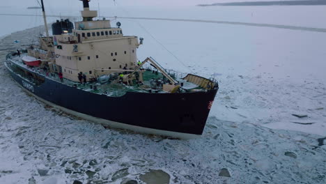 Icebreaker-Ship-On-The-Frozen-Water-Of-Gulf-Of-Bothnia-At-Daytime