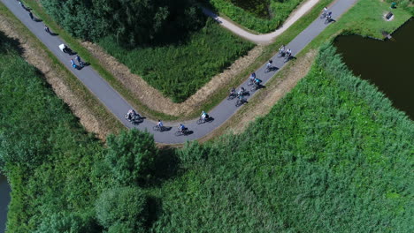 Group-Of-Cyclists-Biking-On-Narrow-Curved-Trail-Through-Vegetation-At-Goudse-Hout-In-Gouda,-Netherlands