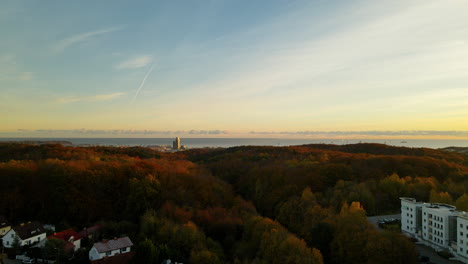 Autumn-Colored-Forest-Of-Witomin-And-Colorful-Horizon-At-Dawn-In-Gdynia-City,-Poland