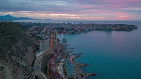 Drone-hyperlapse-on-the-Spanish-coast-in-Alicante-before-sunrise