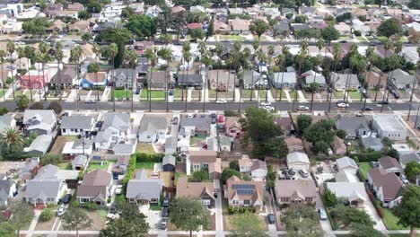 Crenshaw-suburban-neighborhood-palm-tree-housing-roads-aerial-view-flyover