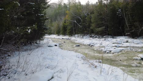 Flowing-River-with-Snow-Covered-Banks-and-Dense-Evergreen-Forest-in-Winter