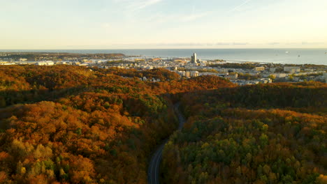 Aerial-Lowering-the-height-with-a-view-of-Sea-Tower-and-Gdansk-Bay-in-Gdynia-in-autumn-season