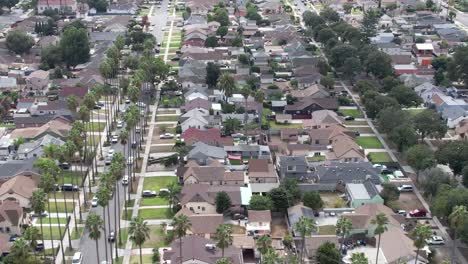 Crenshaw-neighborhood-suburban-housing-estate-with-palm-tree-roads-dolly-left-aerial-view