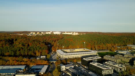 aerial-Gdynia-Luzycka-street-near-Arka-Gdynia-Stadium-and-corporate-office-district,-Poland-autumn-season