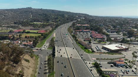 Aerial-view-over-the-five-freeway-in-San-Clemente,-California