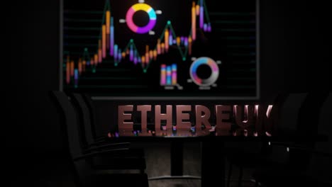 Ethereum-text-on-boardroom-table-and-stock-market-charts-on-wall-tv-screen