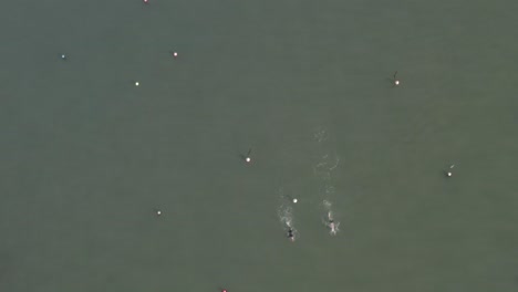 Two-people-swim-off-bottom-of-frame-in-green-ocean-water-near-buoys