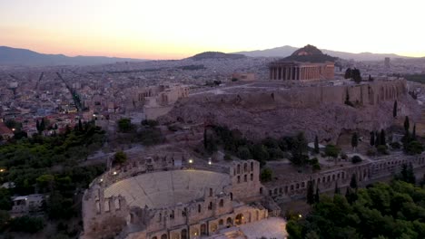 Griechenland-Akropolis-Stadt-Athen-Parthenon,-Berg-Lycabettus,-Parlamentsgebäude-Und-Wohngebäude-Am-Abend-Sommer