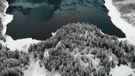 Vista-Aérea-Del-Lago-Oeschinensee-En-Kandersteg,-Suiza-En-Un-Día-De-Invierno-Con-Una-Panorámica-Desde-árboles-Cubiertos-De-Nieve-Hasta-Picos-Montañosos