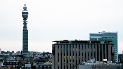 View-of-BT-Tower-and-University-College-Hospital,-London,-United-Kingdom