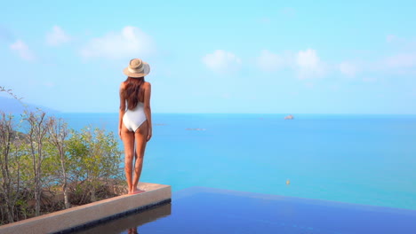 Back-View-of-Exotic-Woman-in-Swimsuit-and-Heavenly-Scenery,-Infinity-Pool,-Blue-Caribbean-Horizon-in-Sunny-Day,-Full-Frame
