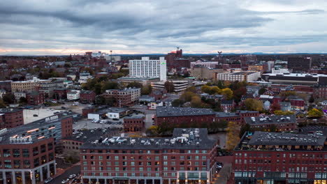 Gorgeous-Aerial-Timelapse-of-Portland,-Maine-Old-Port-during-sunrise