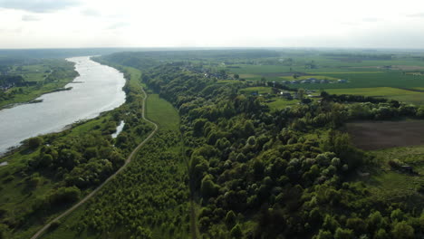 Beautiful-forestry-valleys-of-Nemunas-river-in-Lithuania,-high-angle-drone-view