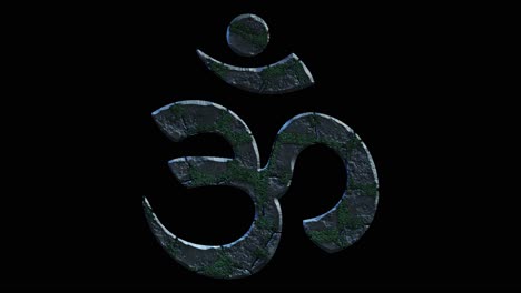 High-quality-dramatic-motion-graphic-of-the-fakta-om-shiva-hinduismen-icon-symbol,-rapidly-eroding-and-cracking-and-sprouting-moss-and-weeds,-on-a-plain-black-background