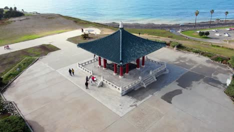 4K-Drone-San-Pedro-Ca-Korean-Bell-Of-Friendship-Monument-Ocean-Backdrop