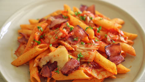 stir-fried-penne-pasta-with-kimchi-and-bacon---fusion-food
