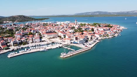 Betina-at-Murter-Island,-Croatia---Aerial-Drone-View-of-the-Beautiful-Town,-Port-and-Adriatic-Coast