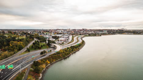 Scenic-Aerial-Timelapse-of-Portland-Maine-Skyline,-Back-Bay-Cove,-and-I-295--Highway