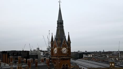 Evening-view-of-the-St,-Pancras-Renaissance-Hotel-Clock-from-The-Rooftop-at-The-Standard-Hotel,-London,-United-Kingtom