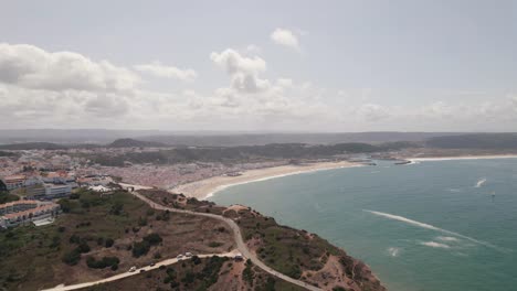 Panoramic-view-of-Nazare-beach-and-Atlantic-ocean-coast,-Portugal