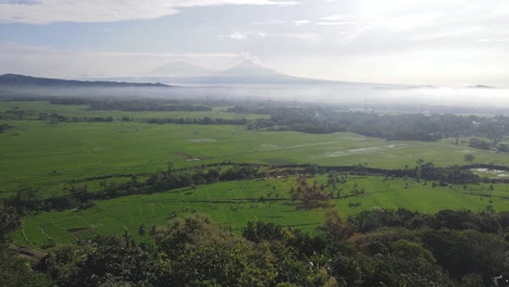 Panorama-Des-Morgens-Blick-Auf-Das-Dorf-Nanggulang,-Das-Die-Weite-Der-Reisfelder-Und-Den-Berg-Merapi-Am-Morgen-Zeigt