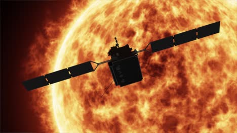 Hochwertige-3D-CGI-animierte-Darstellung-Des-Solarorbiters-Im-Orbit-Um-Die-Sonne,-Während-Er-Sich-Langsam-Dreht,-Mit-Den-Dramatischen-Und-Ehrfurcht-Einflößenden-Sonneneruptionen-Und-Der-Sonnenoberfläche-Im-Hintergrund