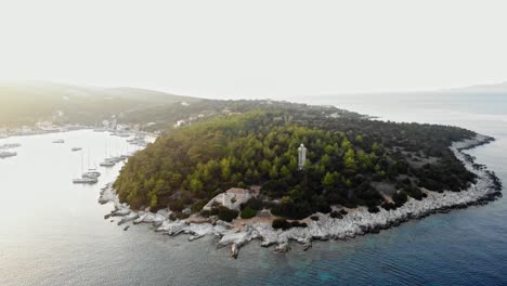 Aerial-View-On-The-Old-And-New-Lighthouses-Of-Fiskardo,-Kefalonia-Greek-Island---drone-shot