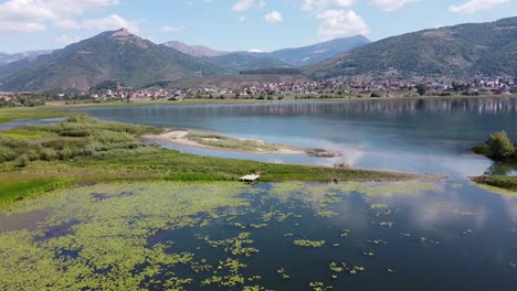 Natural-Landscape-and-Water-Lilies-at-Lake-Plav,-Montenegro---Aerial