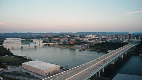 Static-Aerial-Hyperlapse-of-Downtown-Chattanooga,-Highway-27-and-Festival