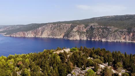Aerial-View-Of-Venetian-Castle-Of-Assos-On-High-Rocky-Hill-Overlooking-Peninsula-In-The-Island-Of-Kefalonia-In-Western-Greece