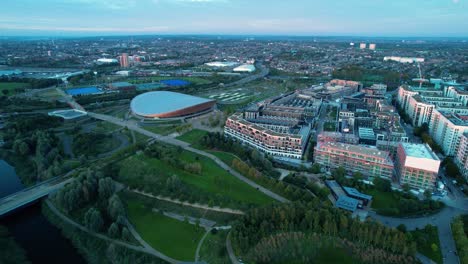 Lee-Valley-VeloPark-cycling-centre-on-Queen-Elizabeth-Olympic-Park-Stratford-East-London-aerial-view-pull-back