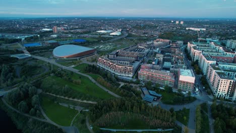 Lee-Valley-VeloPark-cycling-centre-on-Queen-Elizabeth-Olympic-Park-Stratford-East-London-aerial-view-dolly-right