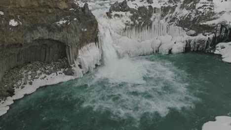 Gushing-Aldeyjarfoss-Waterfall-in-North-Iceland---Bird's-Eye-Aerial