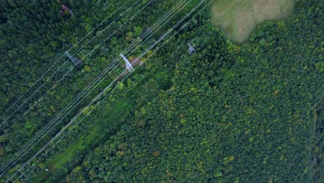 Drone-footage-of-power-lines-stretching-over-lush-green-forest-trees-near-Grenoble,-France-in-Auvergne-Rhône-Alpes-region-of-southeastern-France